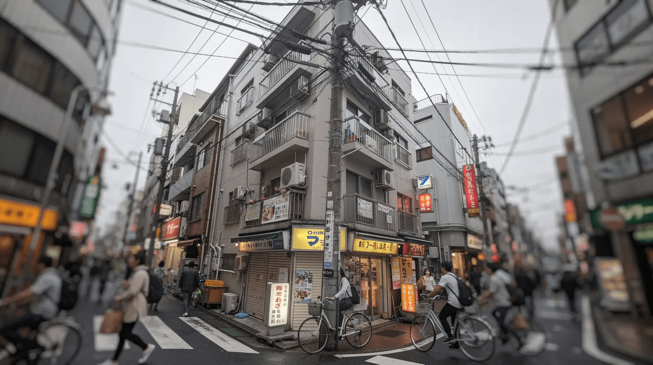 0df83f0d4bda4785928a90a4514dc923 The image shows a narrow wedge shaped apartment building located between two bustling streets in Tokyo with pedestrians walking past highlighting the unique design of small spaces in urban living The building's exterior maximizes natural light and creates an open living space despite its limited size, showcasing innovative architecture in Japan.