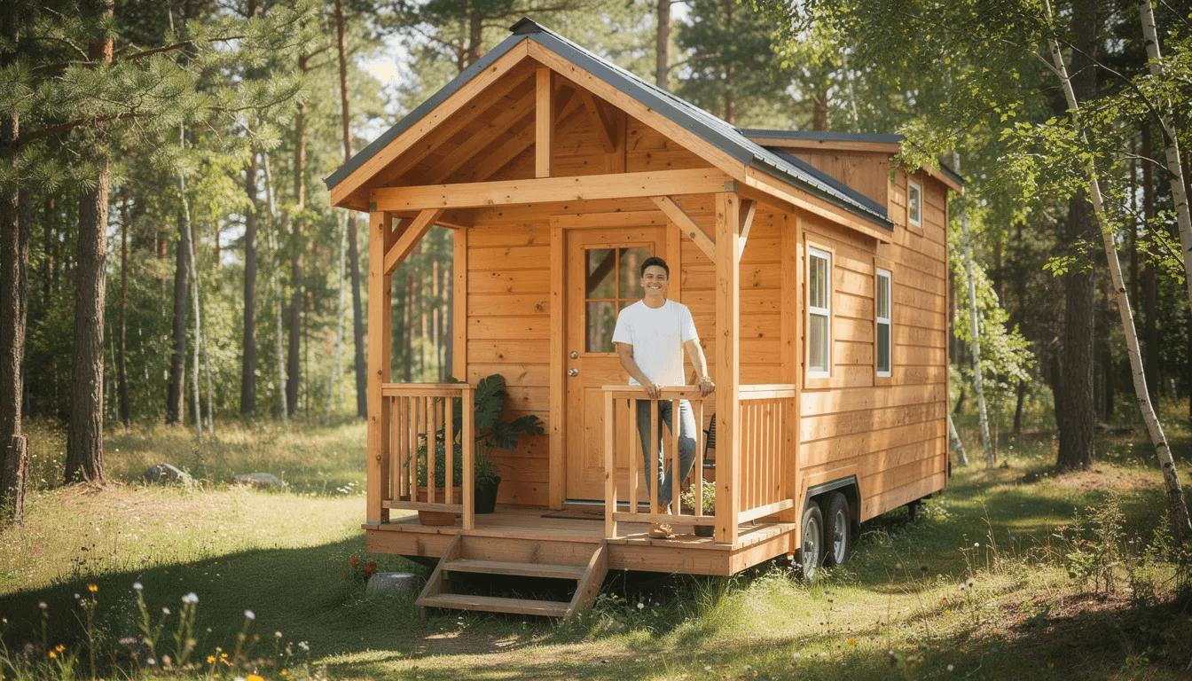 A happy person stands on the porch of a cozy wooden cabin style tiny home showcasing the charm and simplicity of tiny living This inviting scene highlights the lifestyle of tiny homes in Atlanta GA perfect for those dreaming of a quality accessible dwelling