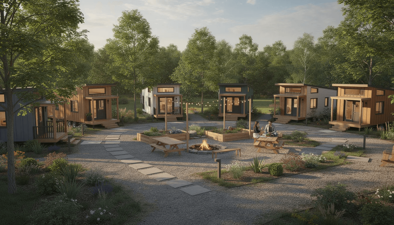 0f7da642c2aa4990869242511bbe9efc The image depicts a vibrant tiny home community in Wichita KS featuring several charming tiny houses nestled among trees and outdoor common areas inviting residents to enjoy a sustainable and affordable lifestyle This picturesque setting exemplifies the dream of tiny home living combining comfort and community in a beautiful location