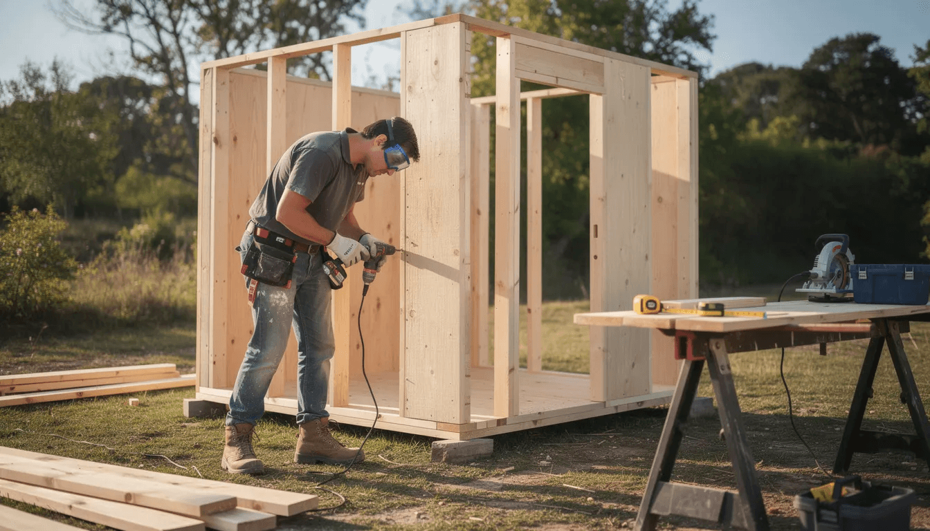 A person is actively using power tools to construct a small wooden structure outdoors likely a tiny home or guest house The scene showcases the use of high quality building materials and emphasizes the craftsmanship involved in creating affordable tiny homes with an open feel and natural light
