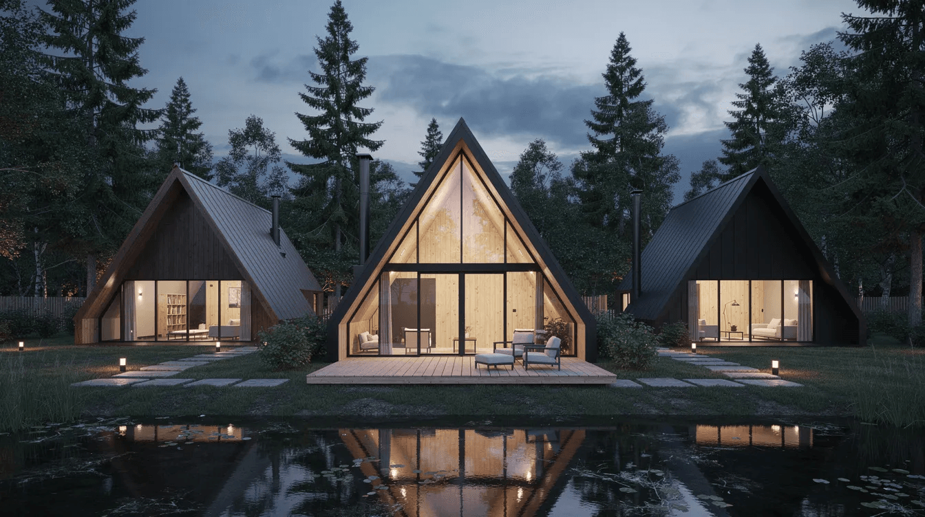 1072bace46054fcf87e6e101ee77d71b The image showcases a modern A frame house nestled in a natural setting featuring a steeply pitched roof and large floor to ceiling windows that invite abundant natural light into the living space This unique triangular shaped home combines simple construction with energy efficient design making it an ideal vacation home or perfect getaway