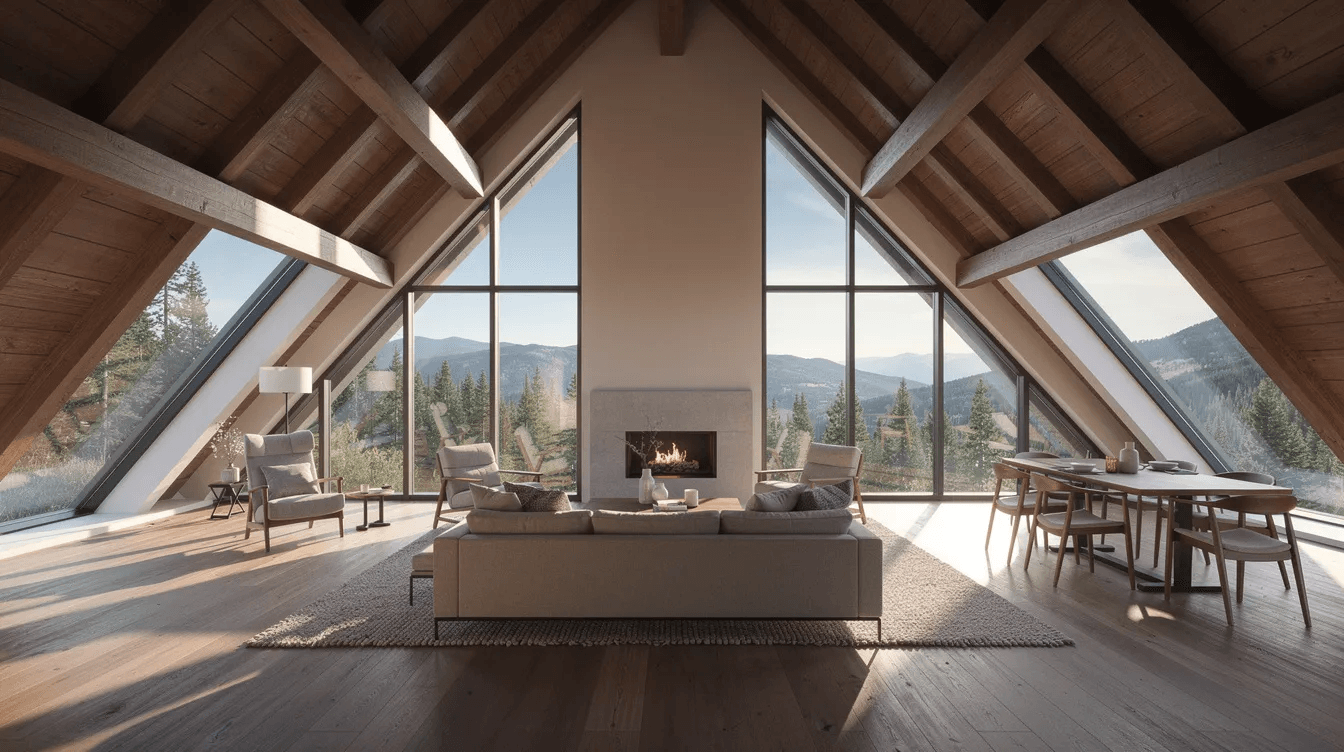 1157fbb4fa864023bf3e3a362c894db7 The image depicts the interior of an A frame great room featuring floor to ceiling windows that allow natural light to flood the space complemented by a striking wood beam ceiling This design exemplifies the charm of A frame homes creating a cozy yet expansive living area perfect for vacation homes or family gatherings