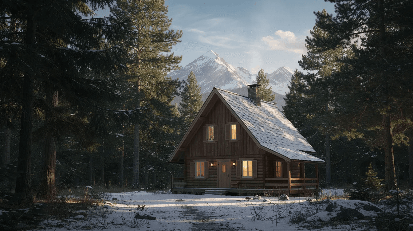 121921e0564b49e9b0cedf0996a50f87 A classic A frame cabin is surrounded by tall pine trees with stunning snow capped mountains rising in the background The structure features a triangular roof and large windows suggesting a cozy living space that blends harmoniously with the natural landscape