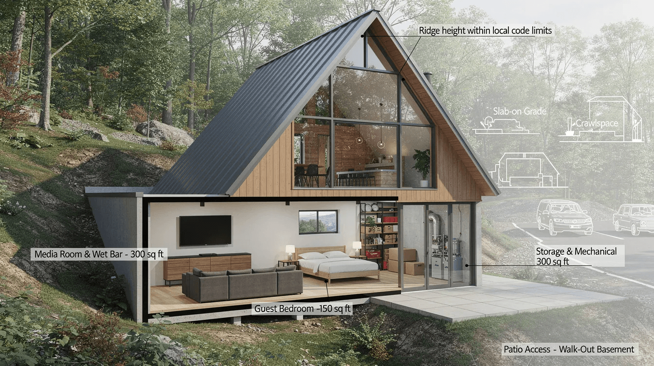 128175749f154803961abaa2f9d0c3e4 The image showcases a 1500 sq ft A frame house plan featuring a walk out basement which includes a media room with a wet bar a guest bedroom and additional storage space The design emphasizes large windows and a stylish roof making it suitable for vacation homes or primary residences