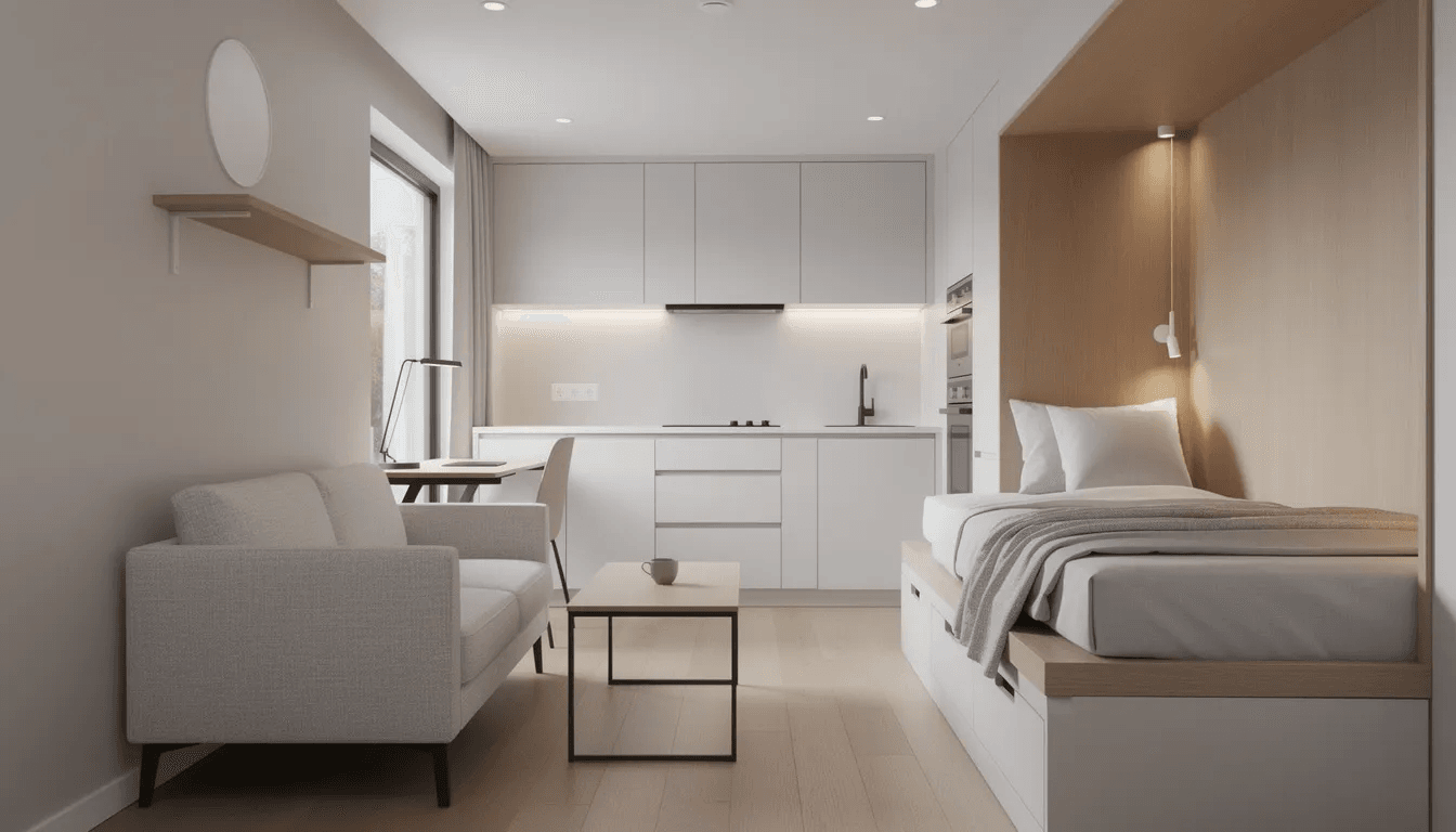 The image shows the interior of a compact studio pod designed for efficient living featuring an integrated bed a kitchenette and a cozy seating area With high quality materials and smart use of space this self contained living pod exemplifies the possibilities of tiny homes and modular living solutions