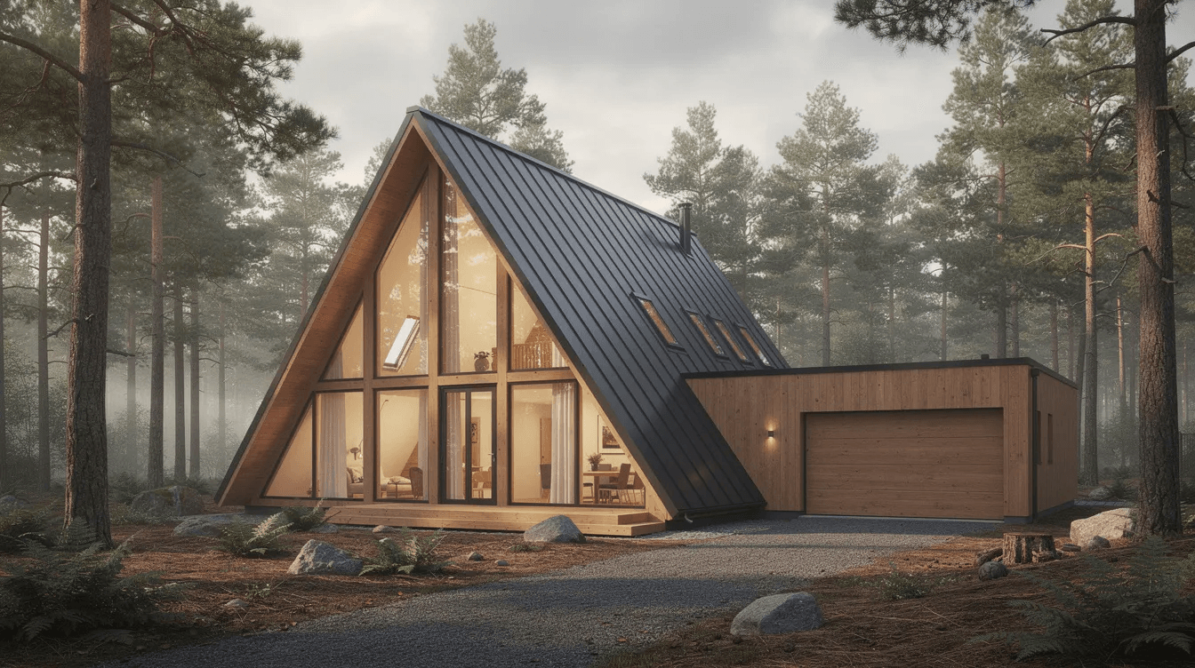 1479833a1eb94951966539ecc700253f The image features a charming A frame house nestled in a serene pine forest complemented by a side attached wooden garage The exterior showcases natural wood elements and large windows that allow for ample natural light creating a cozy and inviting atmosphere