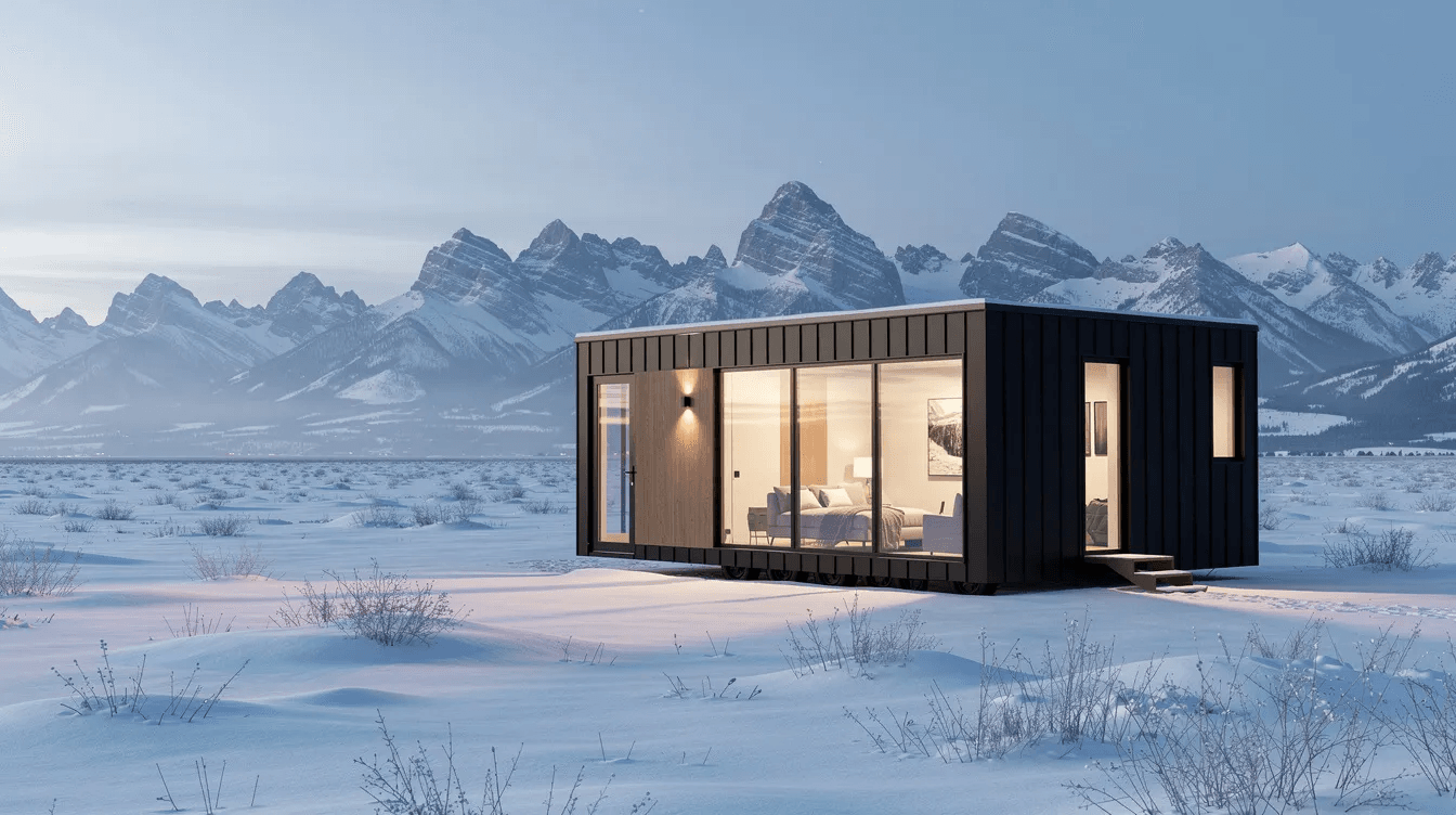 A modern tiny home with large windows stands amidst a snowy Alberta prairie landscape showcasing stunning mountain views in the distance This expertly crafted tiny home embodies the unique lifestyle of tiny living blending modern amenities with the beauty of nature