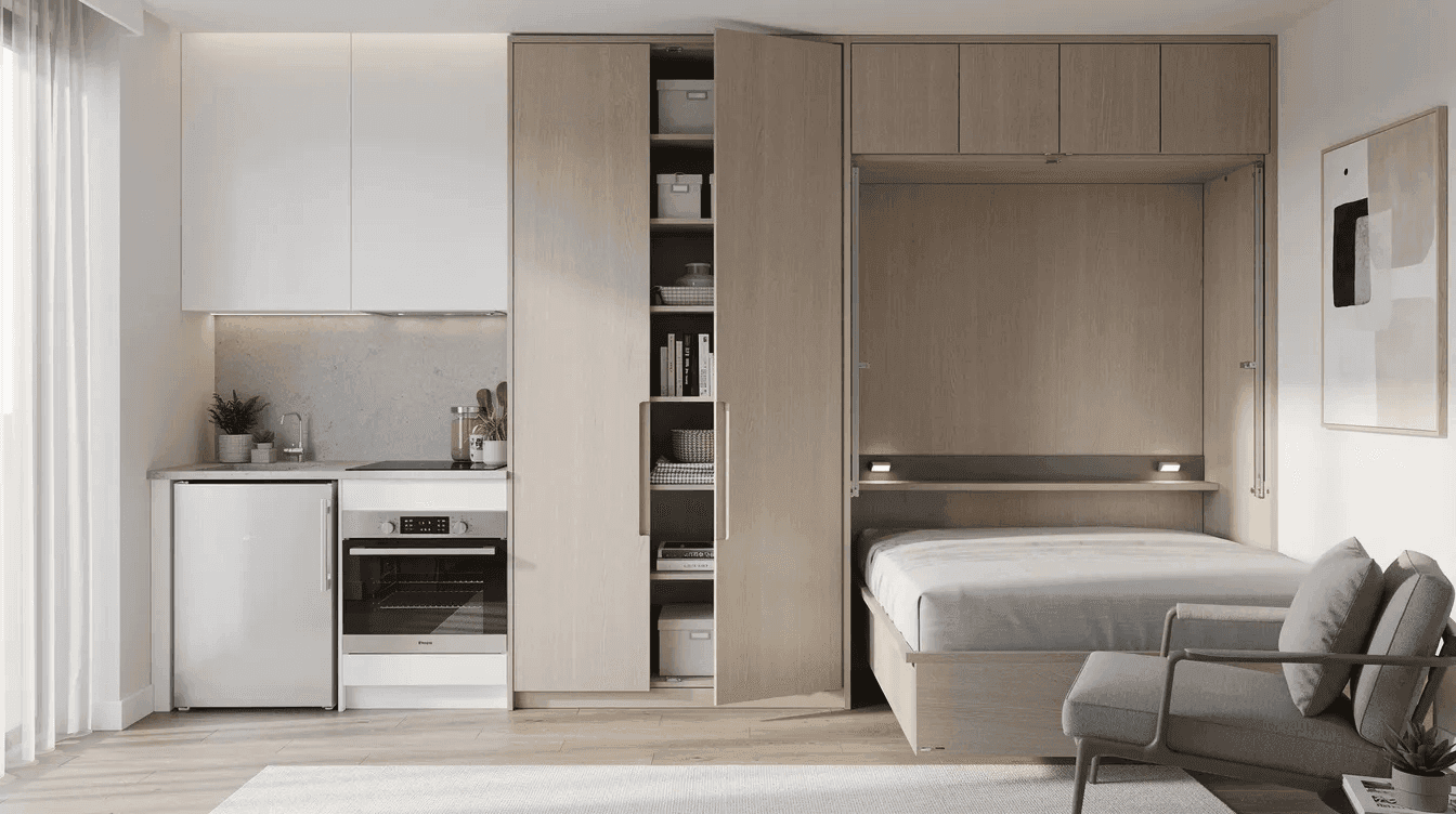 The image depicts a compact modern studio apartment featuring an efficient kitchen corner built in storage solutions and a Murphy bed neatly folded against the wall showcasing the concept of self contained living in an affordable housing unit The design emphasizes functionality and space optimization ideal for independent living in urban areas