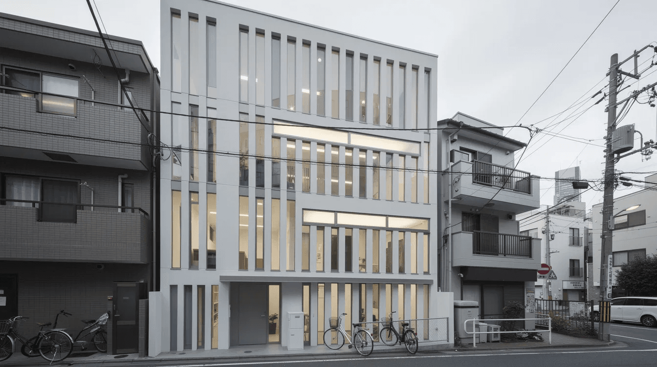 1690d8e22f294d95b25824bed828b6c7 The ST House project in Tokyo features a narrow design with vertical and horizontal slits of windows allowing natural light to fill the living space while providing privacy This small house cleverly utilizes its limited floor space to create an open dining area and comfortable rooms blending functionality with modern architecture