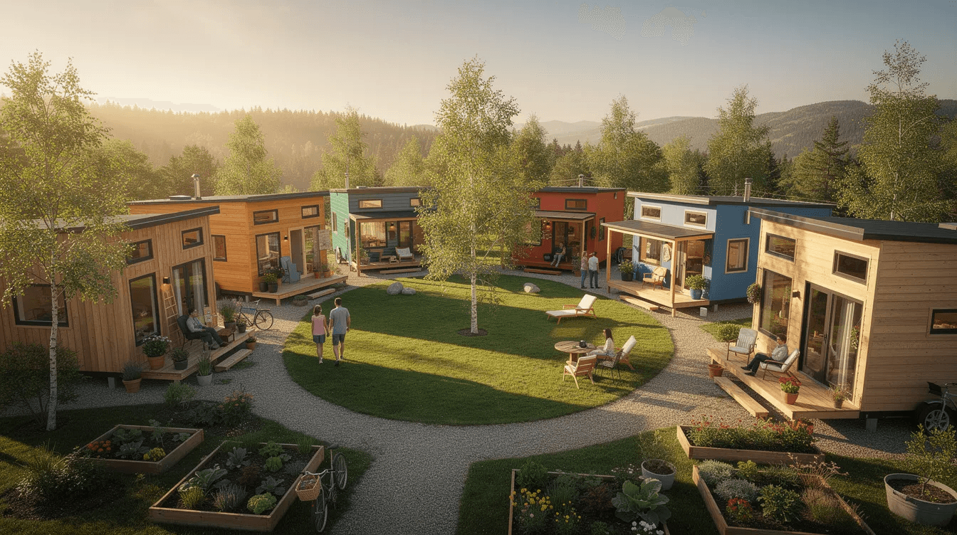 The image depicts a vibrant tiny house community featuring several small homes constructed with premium materials all arranged around a central green space Each tiny home showcases unique designs and offers natural light creating an inviting atmosphere for residents who embrace the tiny home living lifestyle