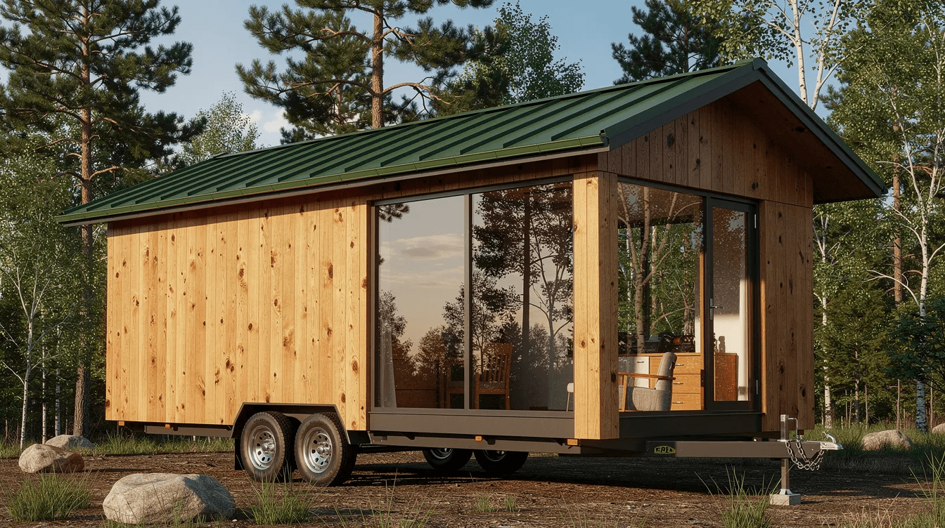 The image depicts the exterior of a small cabin on a trailer featuring beautiful cedar siding and a green metal roof Large windows reflect the surrounding trees showcasing the cabin's integration into nature, perfect for a tiny house lifestyle or a mobile retreat at a campground.