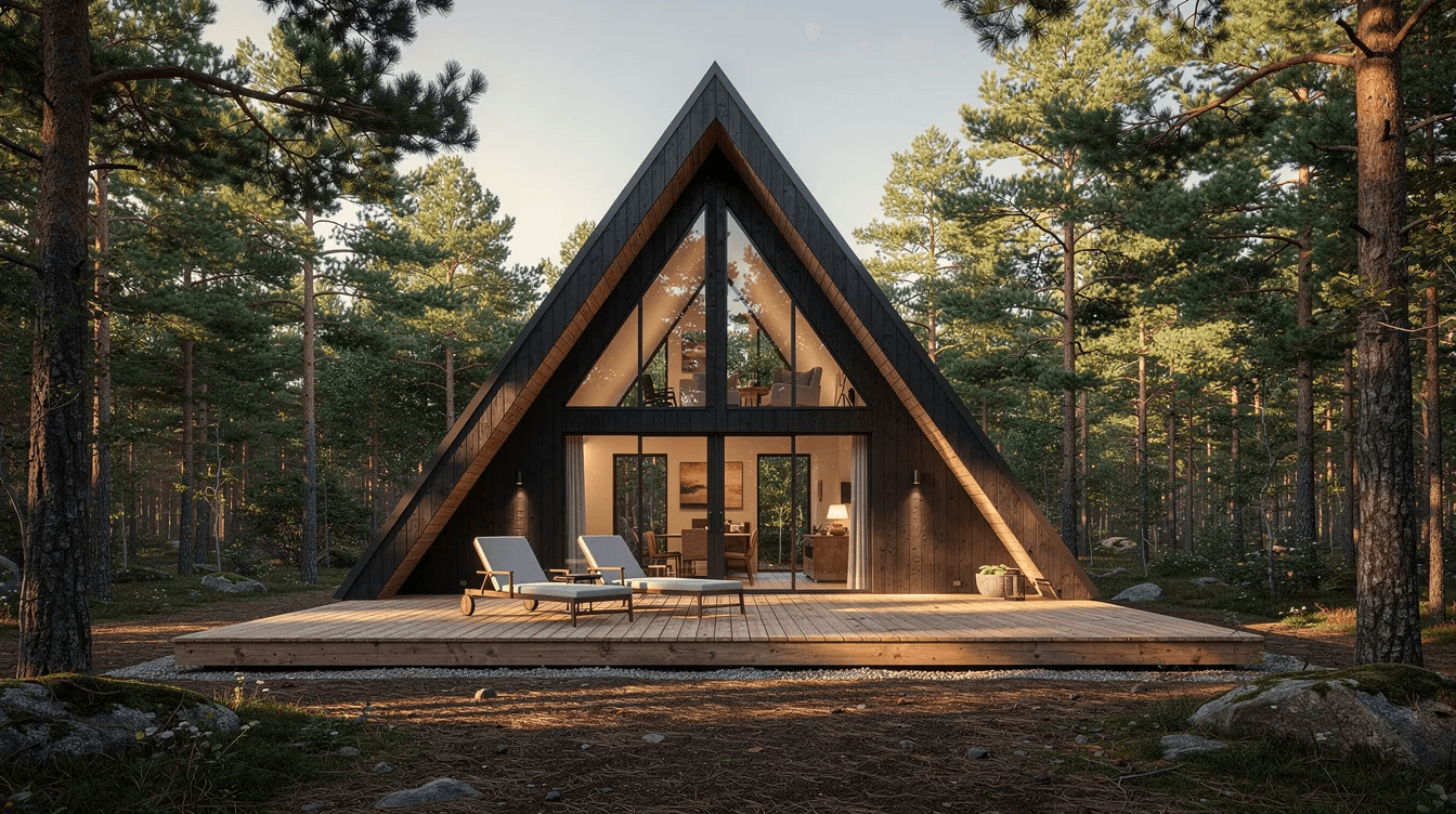 19c96a727f9147ec9505bdcd10a0fe32 The image depicts a modern A frame cabin with a steeply angled roofline surrounded by tall pine trees and featuring a spacious wooden deck This stylish structure showcases large windows that invite natural light emphasizing its eco friendly materials and energy efficiency making it an ideal vacation home or primary residence