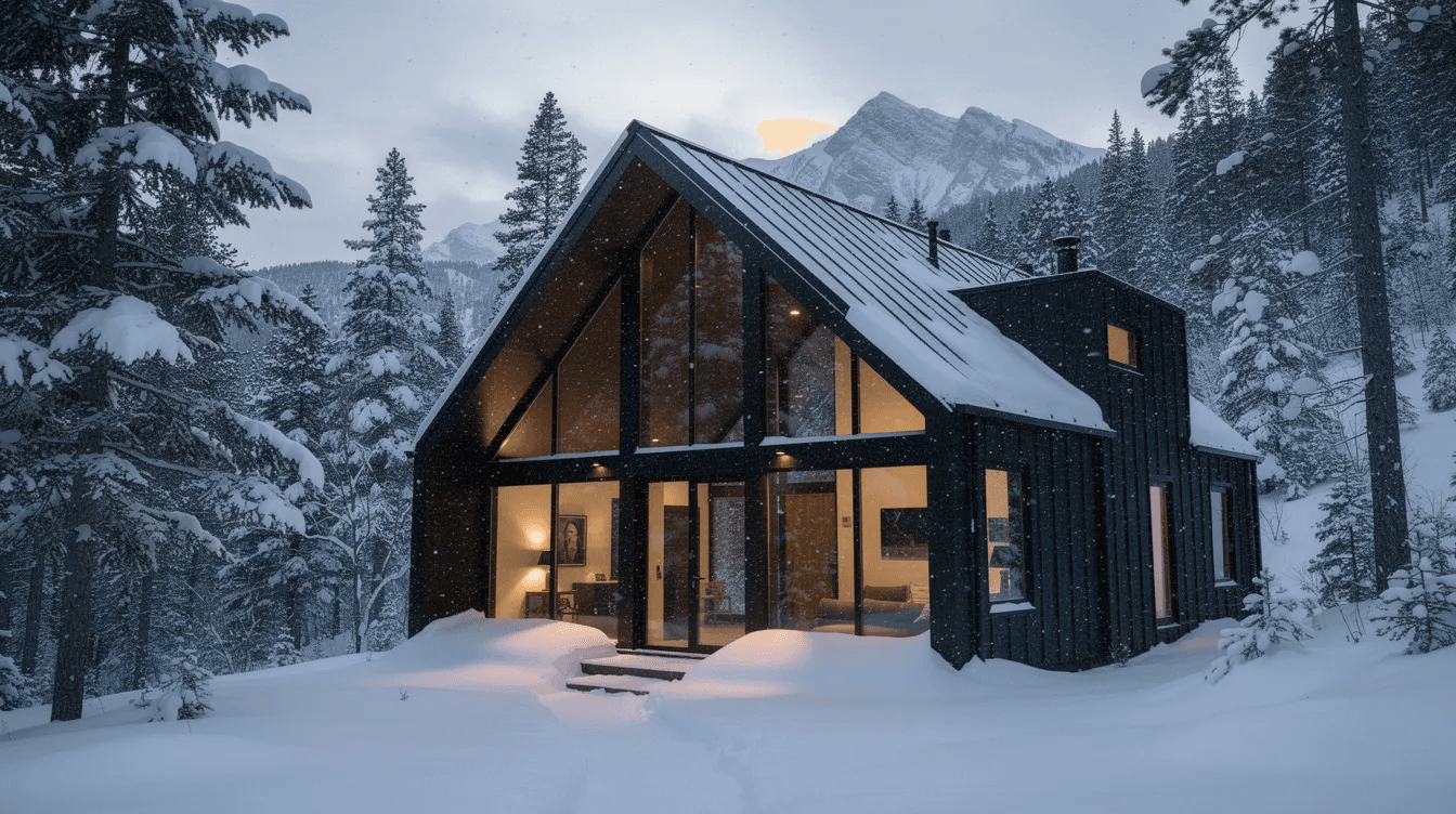1a157c71da094b38afd6f9476313e152 A modern steel A frame cabin stands amidst a snowy mountain forest featuring large windows that reflect the surrounding trees This stylish tiny house combines quality materials with customization options making it an ideal vacation home or primary residence for those seeking a unique living experience