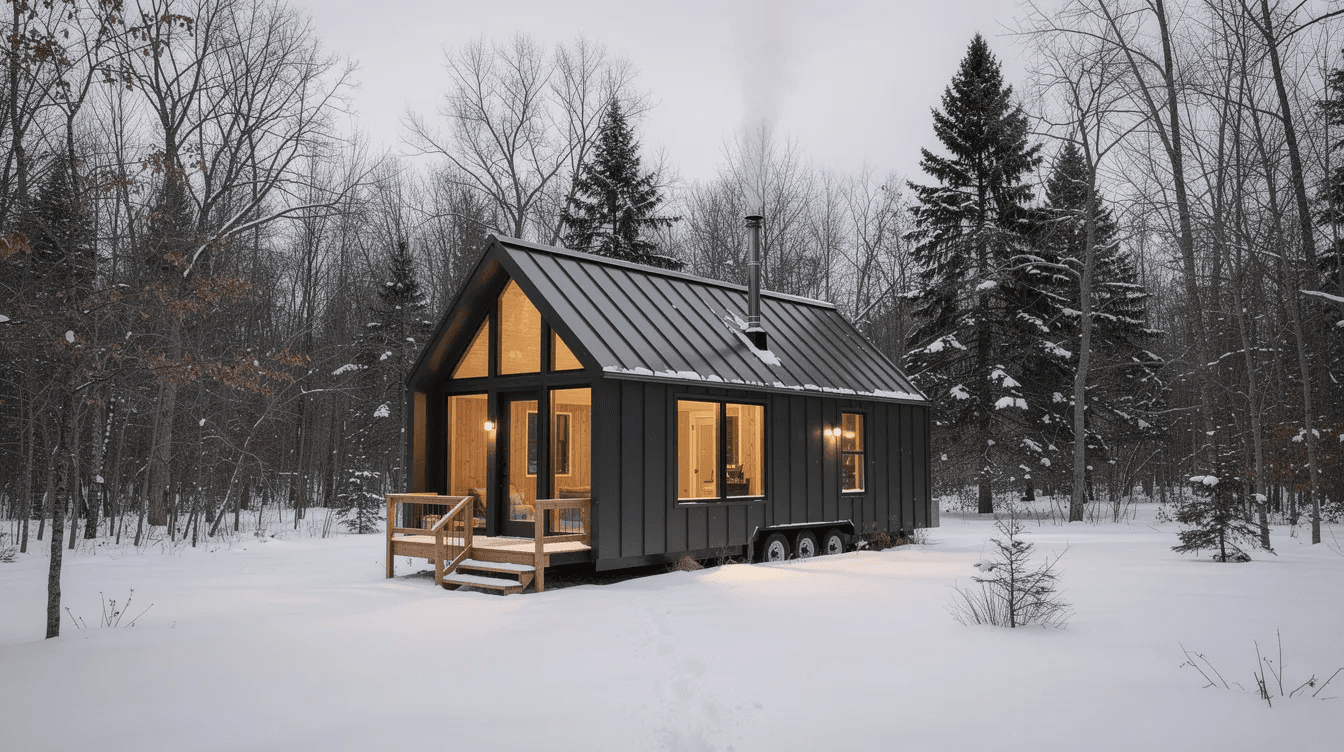 A cozy tiny home with a metal roof is nestled in a snowy Midwest woodland surrounded by tall trees and a serene winter landscape showcasing the rustic charm of tiny living This custom tiny home offers a perfect solution for those seeking a practical lifestyle choice in a beautiful natural setting
