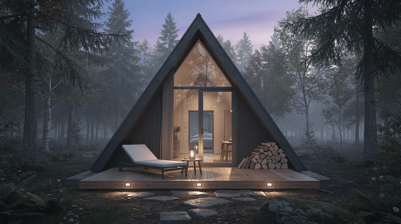 1b758994f5174abea9c1affd1d46556d A small modern A frame house stands against a forest backdrop at dusk featuring a cozy outdoor deck that enhances its triangular shape This frame cabin exemplifies contemporary design making it a great inspiration for those seeking unique house ideas