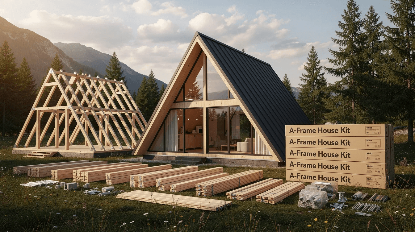 1c15bfddbd94478f899e1fa1fdceb259 The image depicts a modern A Frame house kit showcasing a stylish exterior with metal roofing and built in cabinets set against a scenic backdrop of nature This tiny house design emphasizes structural integrity and efficient use of space perfect for a vacation home or primary residence