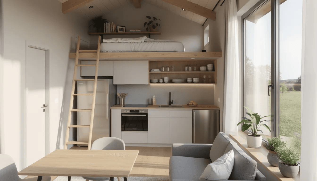 1c952832692b47408b8e3292287bee17 The image depicts the interior of a modern tiny house featuring an efficient kitchen and a lofted bedroom with large windows that flood the living space with natural light This tiny home exemplifies the benefits of the tiny house movement showcasing smart design and sustainable living options