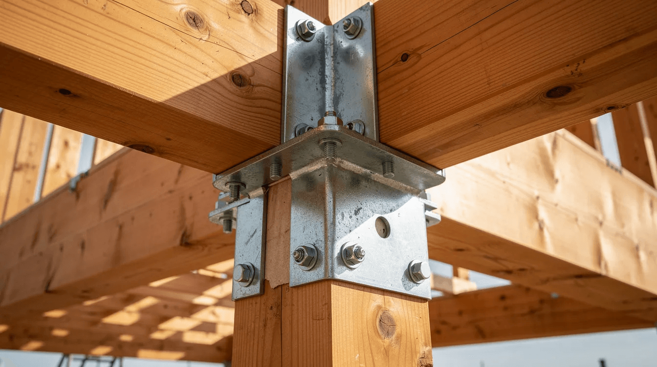The image showcases a close up view of timber frame construction highlighting natural wood beams and metal hardware connections that emphasize the rustic appeal of log cabin kits This detailed perspective reflects the durability and craftsmanship involved in building a dream log home