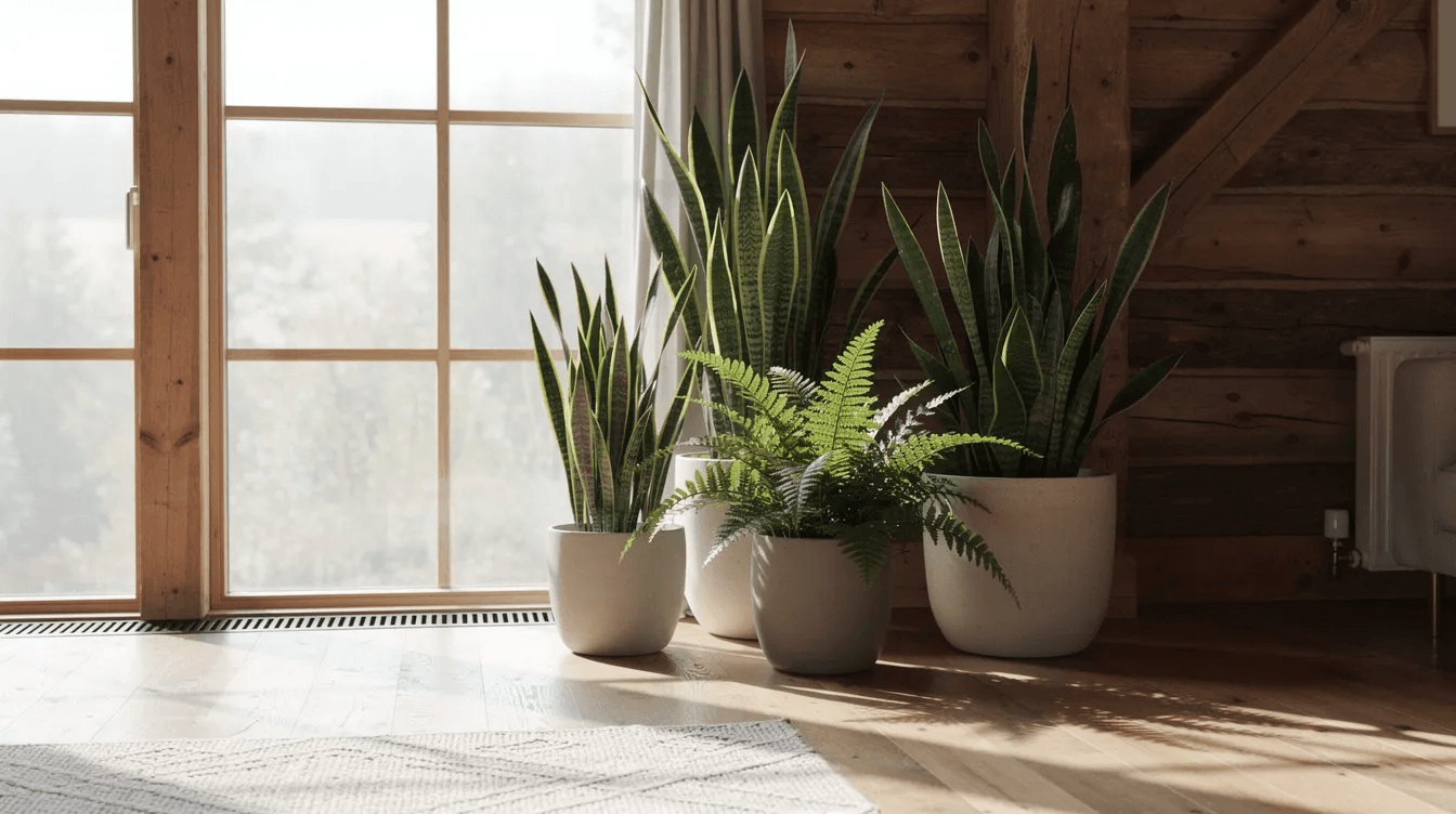 1dc13a240edf435faedcc0ea61ba1dda In a cozy A frame house interior snake plants and ferns thrive in simple ceramic pots near large windows allowing natural light to fill the living space The wooden beams and warm decor create a welcoming atmosphere enhancing the overall interior design of this charming cabin