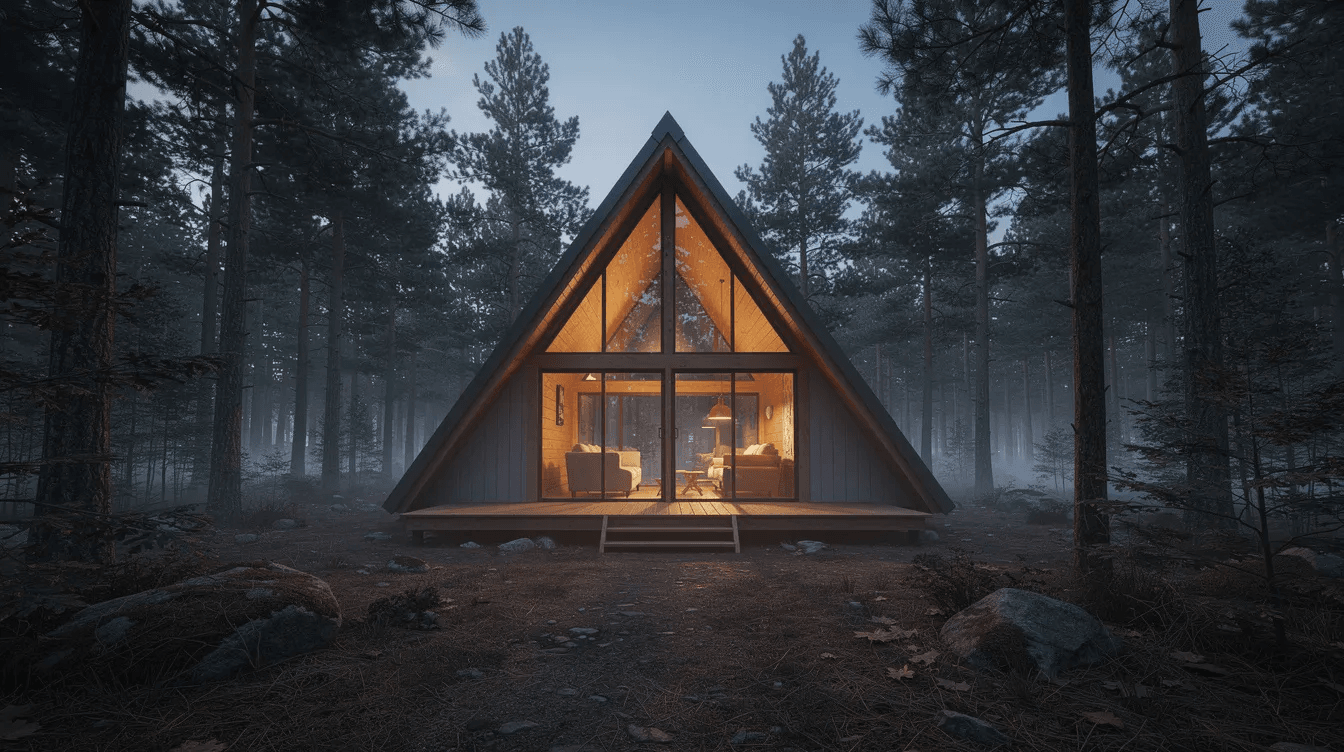 An A frame cabin designed as a perfect tiny home is nestled among tall pine trees with warm interior lighting glowing through large windows creating a cozy atmosphere This modern design offers a spacious layout and natural light making it an ideal escape for tiny home living enthusiasts