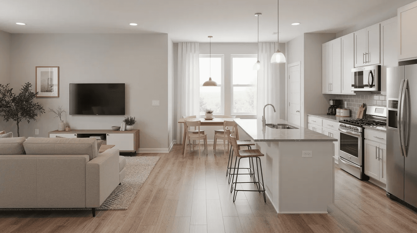 The image depicts the interior of a small finished home featuring an open concept living area and kitchen designed to maximize usable floor space The cozy dining area is perfect for up to four people creating an inviting atmosphere ideal for a simpler life in a tiny house