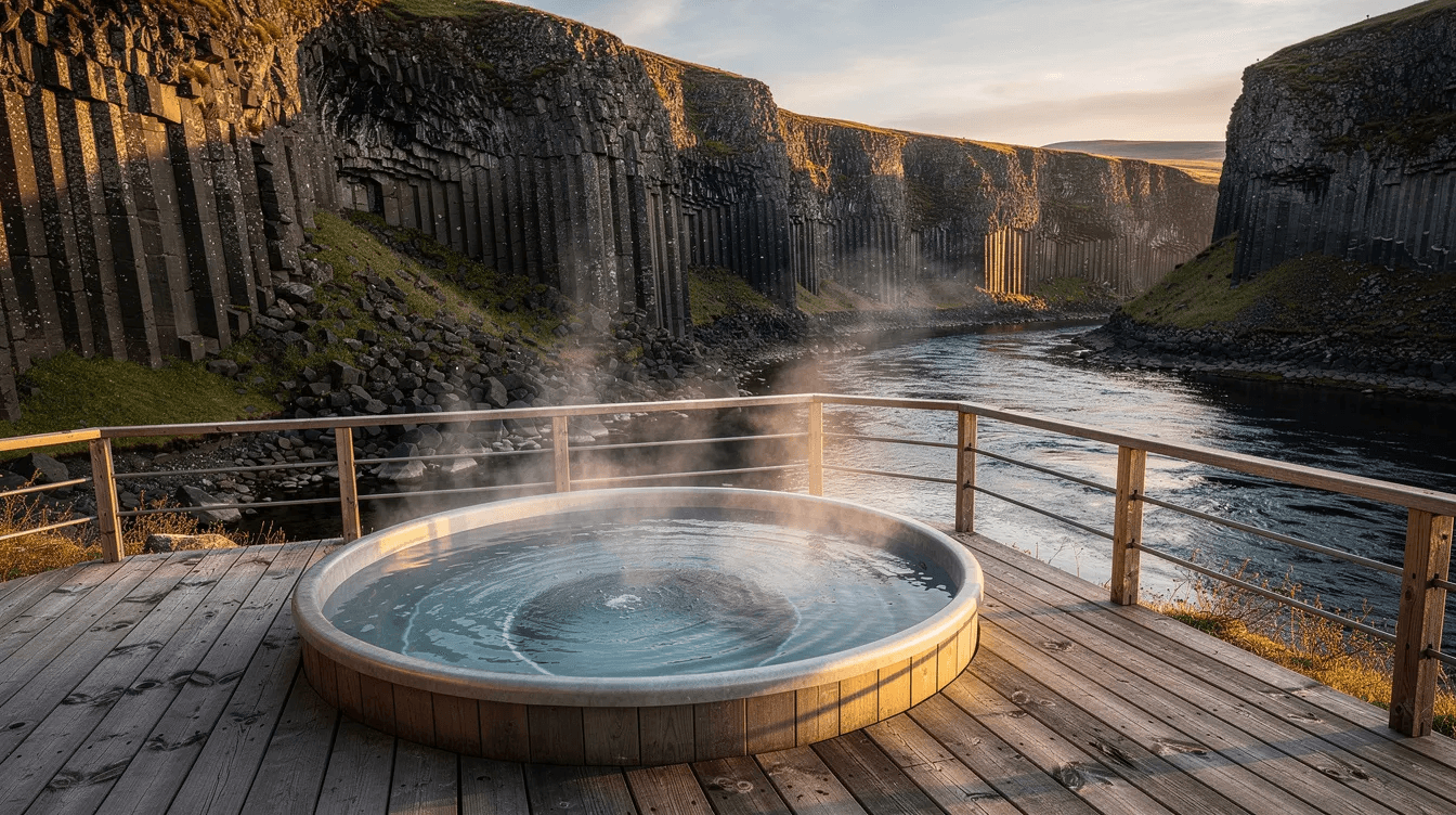 A luxurious hot tub sits on a spacious wooden deck offering panoramic views of the stunning basalt canyon walls and the river below perfect for enjoying nature in Central Oregon This serene escape is ideal for guests looking to relax and experience the beauty of tiny living at its finest