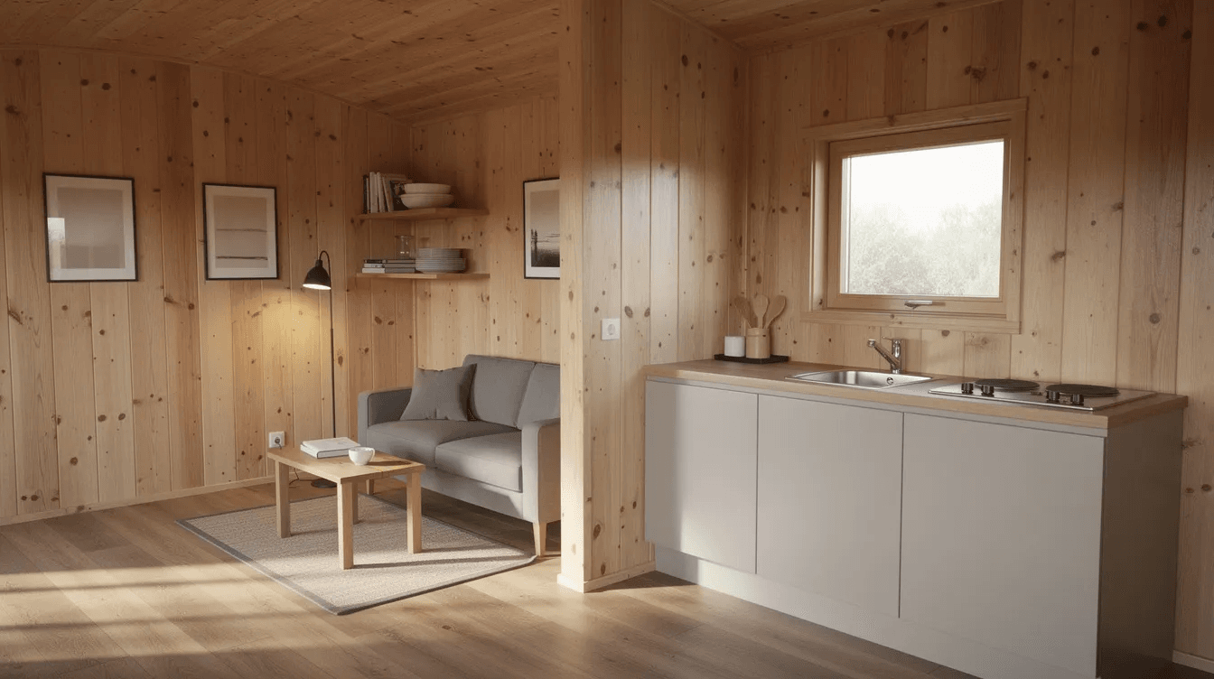 The image depicts the interior of a cozy tiny home showcasing a kitchen area with wood paneling and a comfortable living space This finished shed home features a rustic style perfect for use as a guest house or hunting cabin emphasizing its efficient use of space