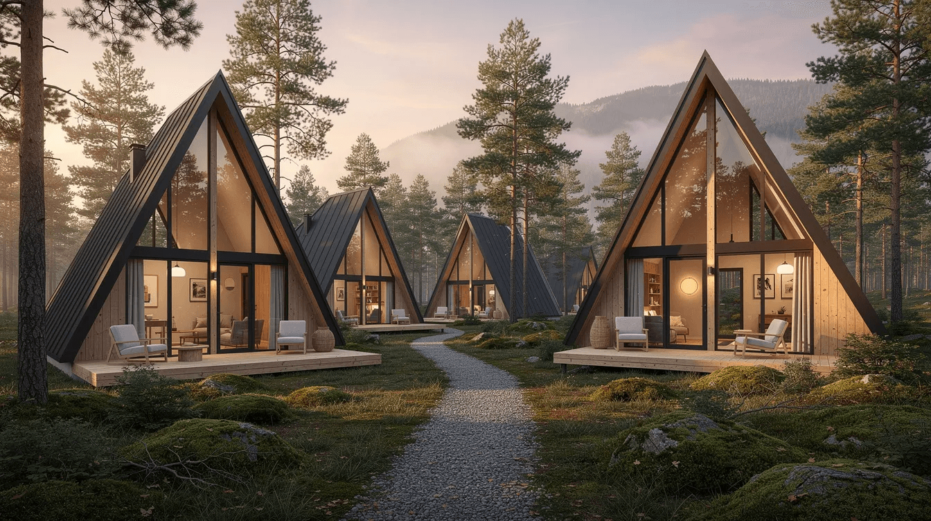 1f471b3ea84e49f9b72d1fe99c3a777b The image showcases a modern A frame house nestled in a natural setting featuring a steeply pitched roof and large floor to ceiling windows that invite abundant natural light into the living space This unique triangular shaped home combines simple construction with energy efficient design making it an ideal vacation home or perfect getaway