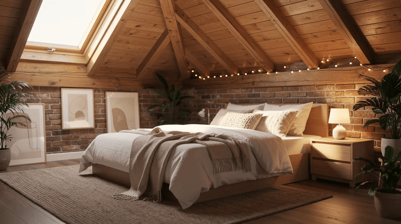1fbc50070ebc4a3aa67d7451e7599167 The image depicts a cozy loft bedroom featuring a low platform bed nestled under a sloped wooden ceiling characterized by exposed wood beams that enhance the warmth of the space Large windows allow natural light to flood in creating an inviting atmosphere in this stylish A frame house interior