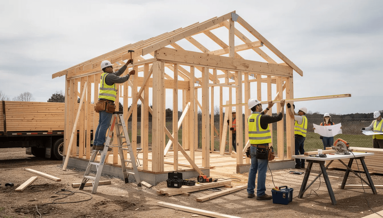 The image shows the construction frame of a cozy tiny house in progress with workers actively engaged in building The structure is designed for minimalist living featuring modern amenities and built in storage solutions highlighting the efficiency and functionality of tiny homes