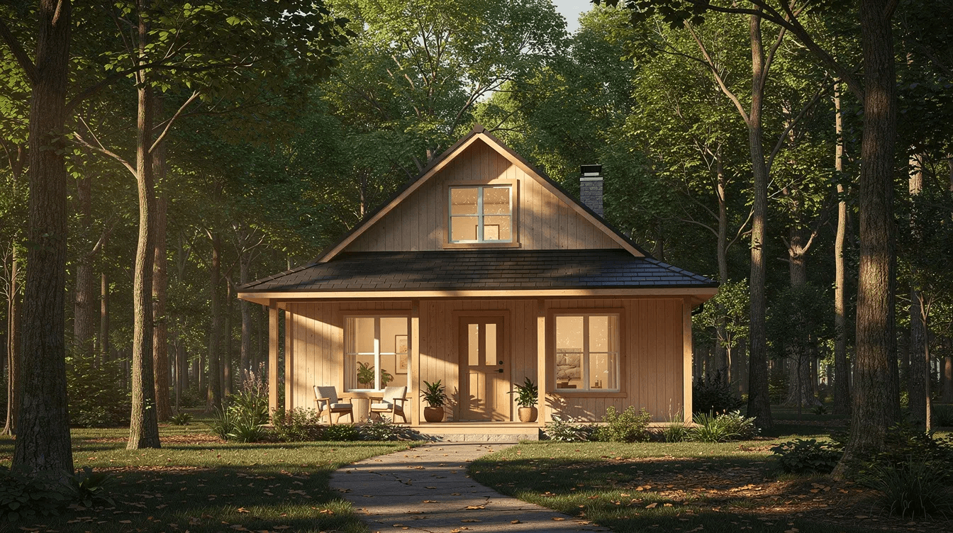 A charming small cottage home with a covered porch is nestled among lush trees embodying the essence of tiny living This picturesque setting highlights the beauty of a perfect tiny home offering a cozy retreat in nature