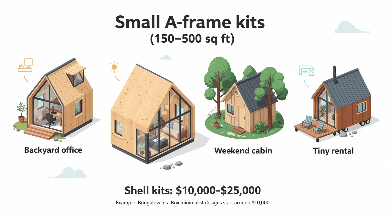 The image showcases small A frame kits ideal for tiny houses with a focus on affordable shell kits ranging from 000 to 000 These minimalist designs such as Bungalow in a Box are perfect for creating backyard offices or vacation homes featuring steeply angled rooflines and large windows for natural light