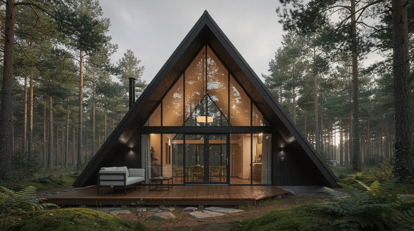 22a14a84cb2945fc954ef4c984fc4017 The image features a charming A frame home showcasing a steeply pitched roof and large windows that invite natural light into the living space This cozy structure designed for comfort and efficiency embodies the essence of a vacation home or a dream primary residence seamlessly blending with its natural surroundings