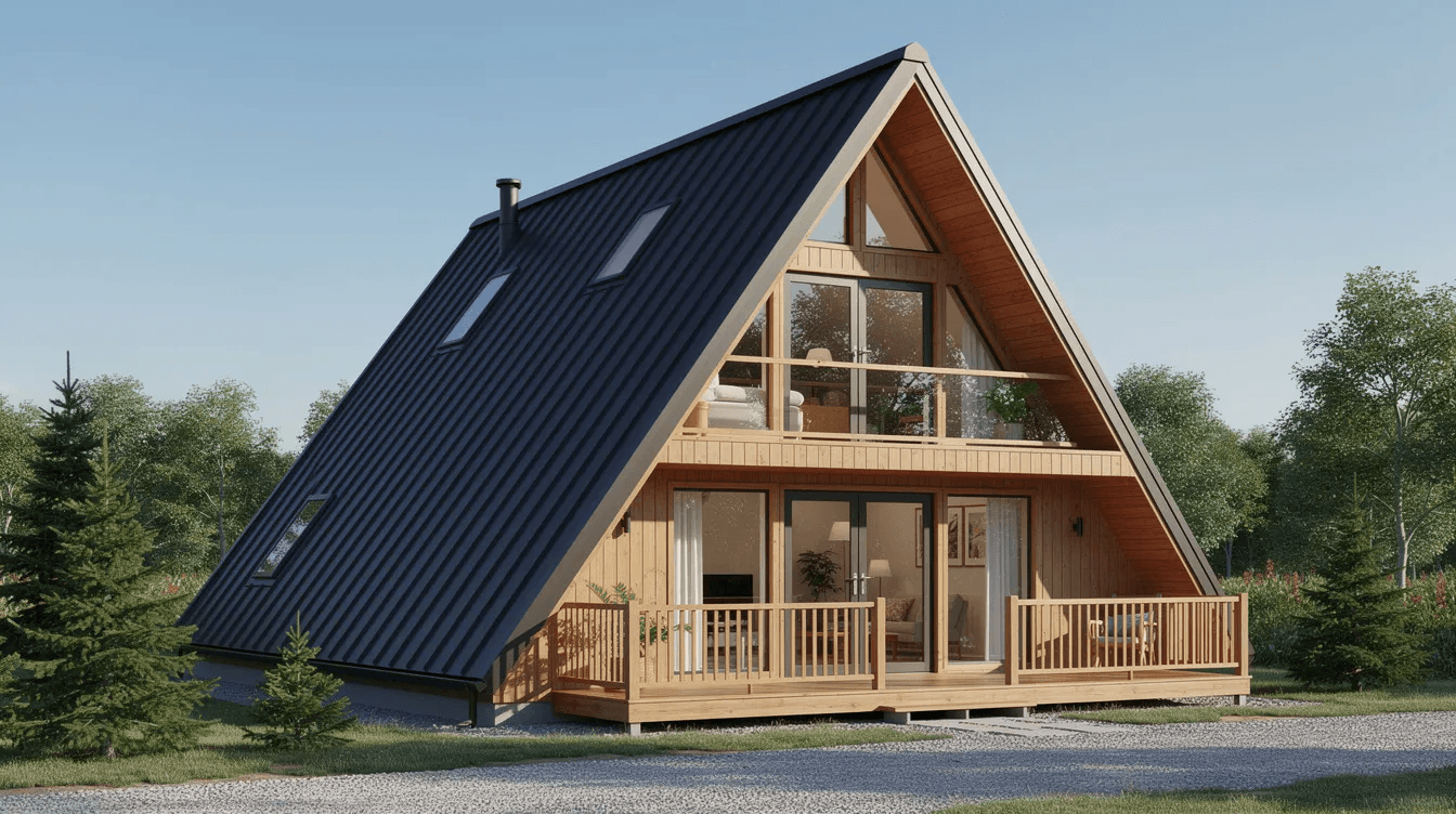 23452c42c6f248ccb2c74829db6c2c45 The image depicts a detailed A Frame house plan for a 1500 sq ft home showcasing large windows and a loft space that enhances the living area The design features a sloped roof and foundation walls making it ideal for vacation homes or year round living even in regions with heavy snowfall