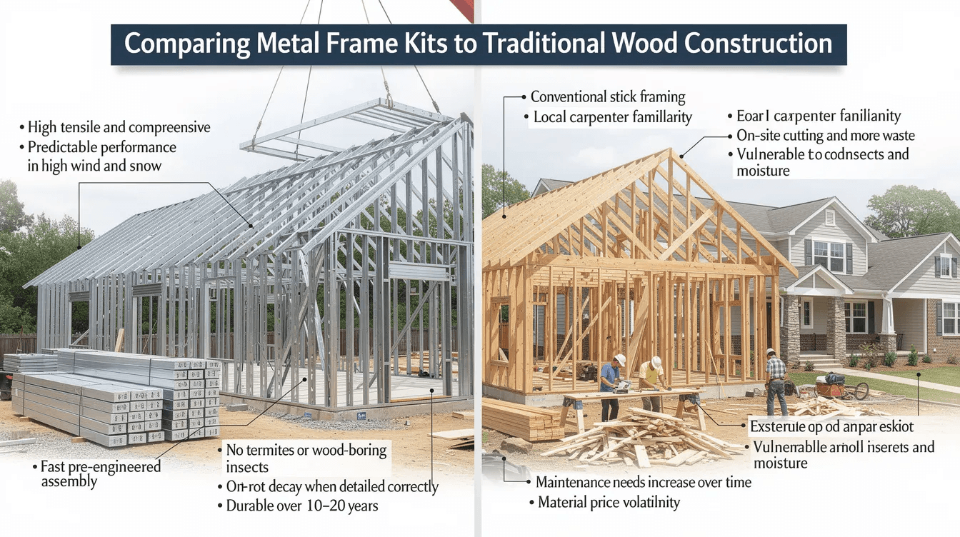 235bff56b23b491c88f6f716ff18a55a The image illustrates a comparison between metal frame homes and traditional wood construction highlighting the structural advantages of steel framing such as superior strength and durability against elements like wind and snow loads It also emphasizes the benefits of pre engineered metal building kits including faster assembly and reduced maintenance needs making them a viable option for creating customized homes that blend with various building styles