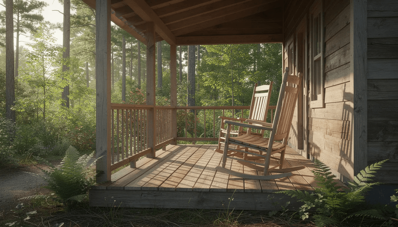 The image features a cozy covered porch on a small cabin furnished with wooden rocking chairs offering a serene view of the surrounding forest This inviting space is perfect for enjoying the tranquility of nature complementing the charm of tiny house living