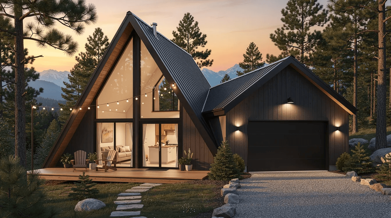 249a9e48fd5d4e45b64681c61e0cb066 The image features a cozy A frame house with a garage showcasing a traditional design with large windows that allow natural light to fill the living area The exterior is framed with wooden walls and a welcoming porch adds to the charm of this inviting home