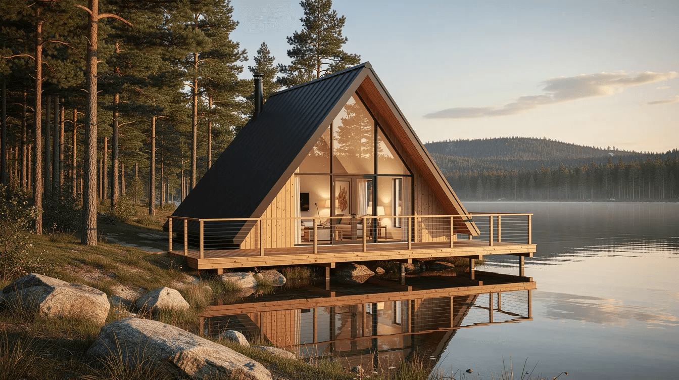 A contemporary A frame house features a spacious wraparound wooden deck and large triangular windows that provide stunning views of a serene lake This dream home showcases a modern design with ample living space perfect for family gatherings and enjoying nature