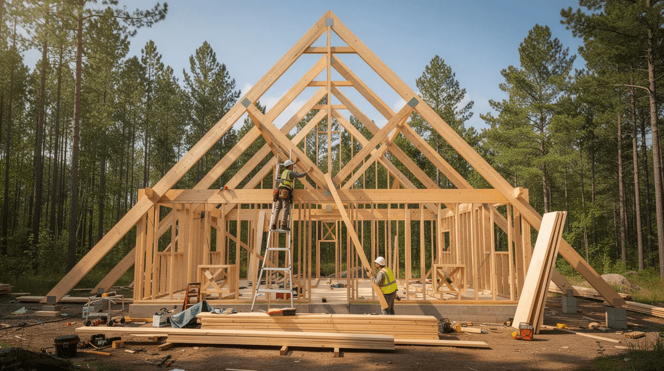 27e169ef24ea4a84ba85cca85284c7f4 The image shows a frame cabin under construction with workers actively assembling the wooden frame showcasing the collaborative effort of a skilled team The structure is designed to be an affordable vacation home emphasizing quality materials and efficient assembly for a comfortable lifestyle in nature