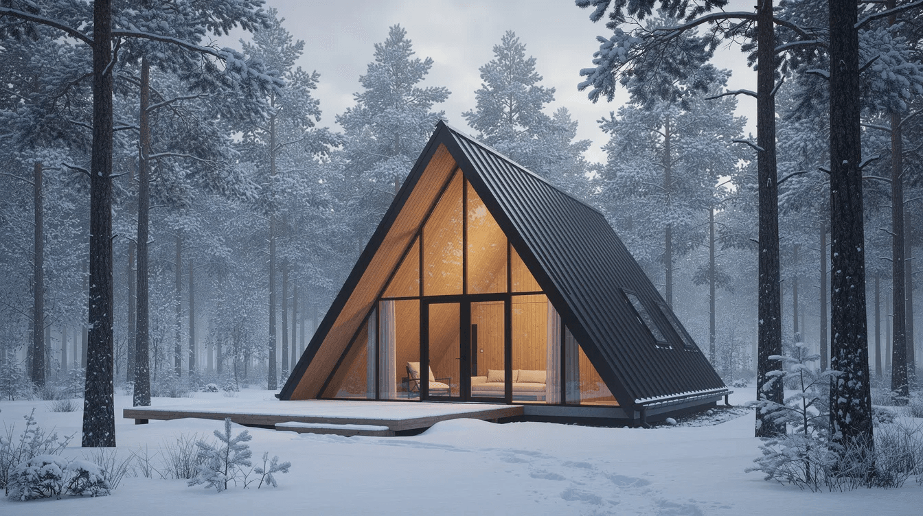 A modern A frame cabin is prominently featured in this exterior view surrounded by tall pine trees and a blanket of heavy snow on the ground The design showcases large windows and a distinctive roof pitch embodying the charm of a dream home nestled in a serene winter landscape