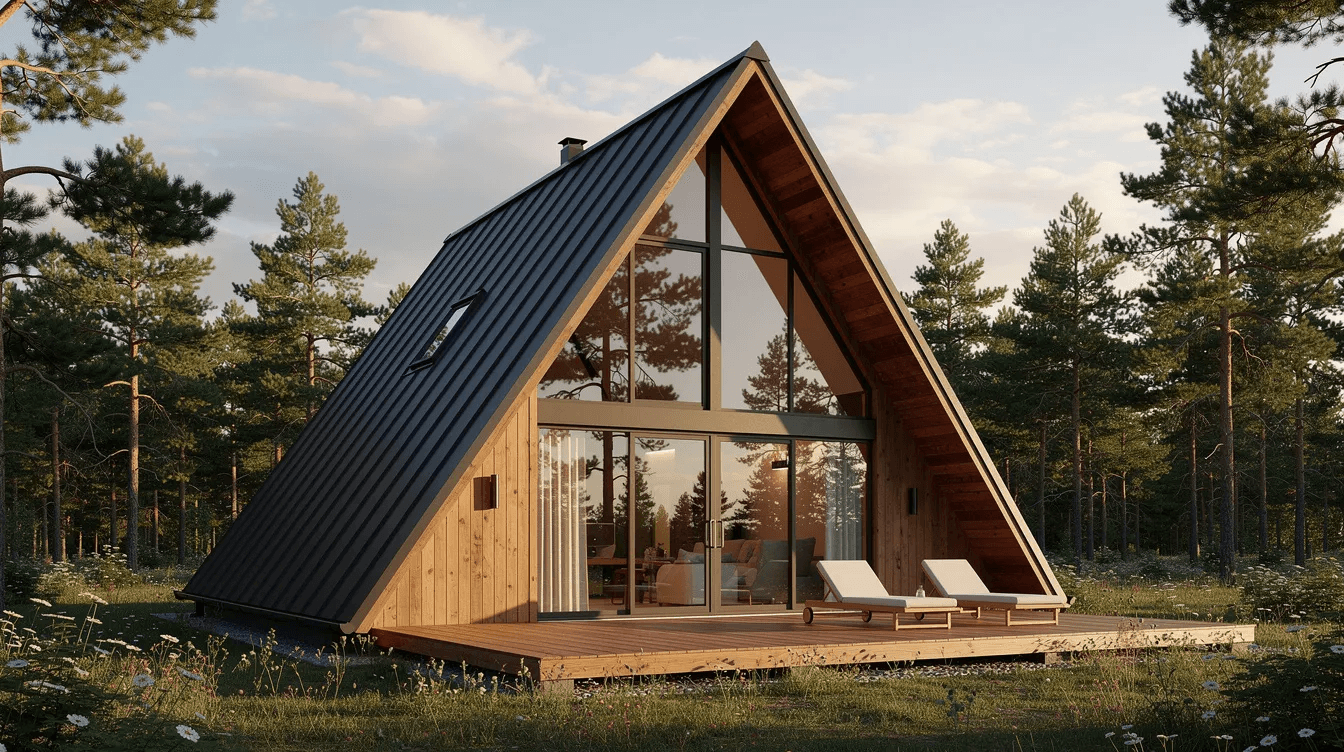 2aae7666f5b1456c95a4359b4ecde55c The image depicts a modern frame house characterized by its distinctive triangular shape showcasing a stylish A frame design This example of a frame cabin highlights the use of natural materials and offers inspiration for contemporary architectural ideas