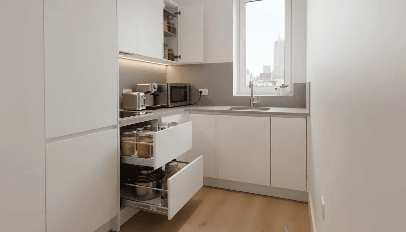 The image depicts the interior of a compact modern kitchen featuring sleek white cabinets small stainless steel appliances and innovative built in storage solutions perfect for maximizing space in tiny homes or accessory dwelling units This stylish design exemplifies the principles of efficient living and smart design in compact living spaces