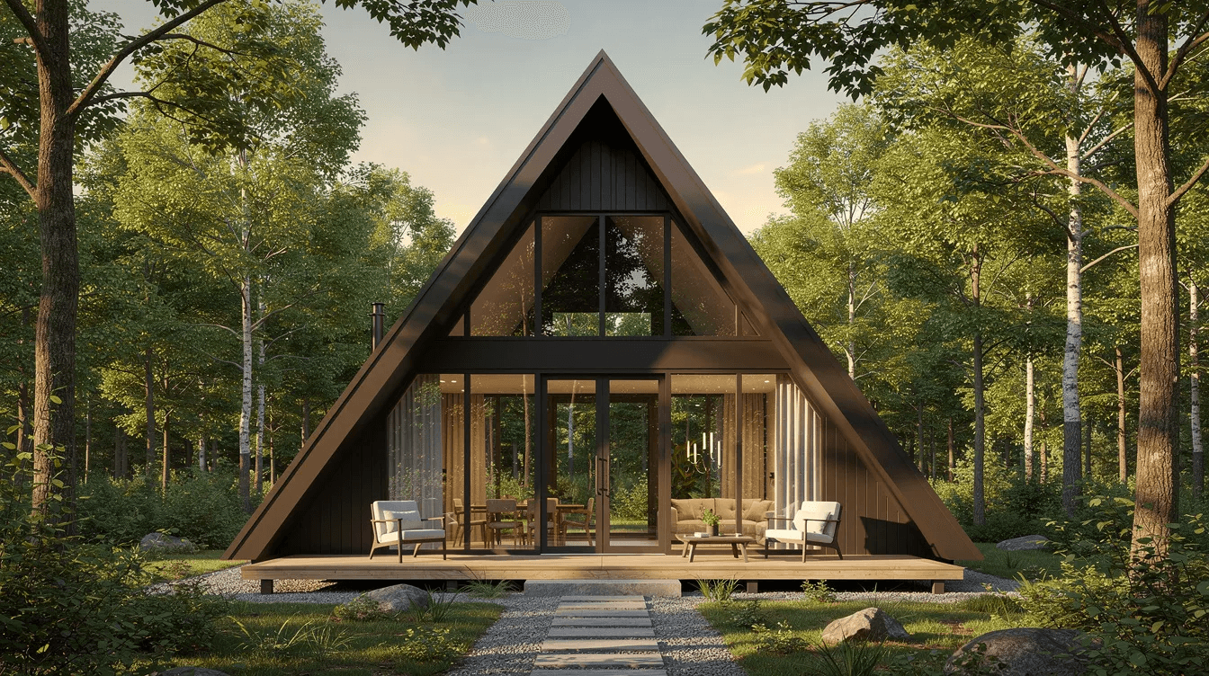 2c0e6a3fde284d94a90b678a96cf22c2 The image shows a modern A frame house with a steep triangular roof and large front windows nestled among lush trees This stylish 3 bedroom frame house features a unique design that maximizes living space and natural light
