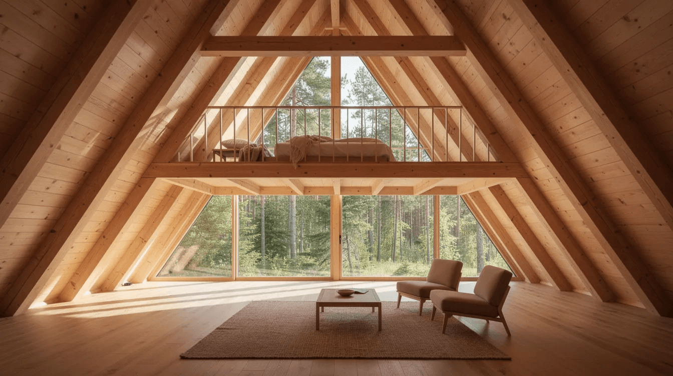 The interior of an A frame home features a stunning vaulted wooden ceiling a cozy loft bedroom and a large triangular window that offers a breathtaking view of the surrounding forest allowing for abundant natural light This stylish living space exemplifies energy efficiency and the charm of tiny house design making it an ideal vacation home or primary residence