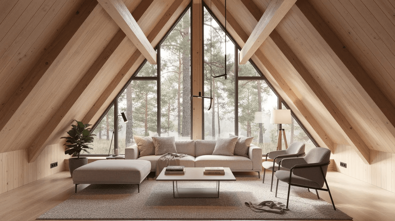 2d33ae59e32a4092badaccd516c16a2b The interior of an A frame home features exposed wooden beams and large triangular windows that flood the cozy living area with natural light showcasing modern furniture and a warm atmosphere This architectural style characterized by its steeply pitched roof and open living space creates an inviting perfect getaway for homeowners