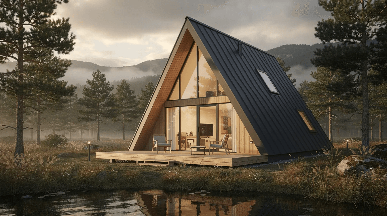 2f7bc4fc2cb24f89a4aeae6e5bfb1130 The image depicts an A frame house design showcasing a three bedroom layout with a spacious great room and a master suite The exterior features a steeply pitched roof large windows for natural light and a detailed foundation plan that includes notes on construction materials and dimensions