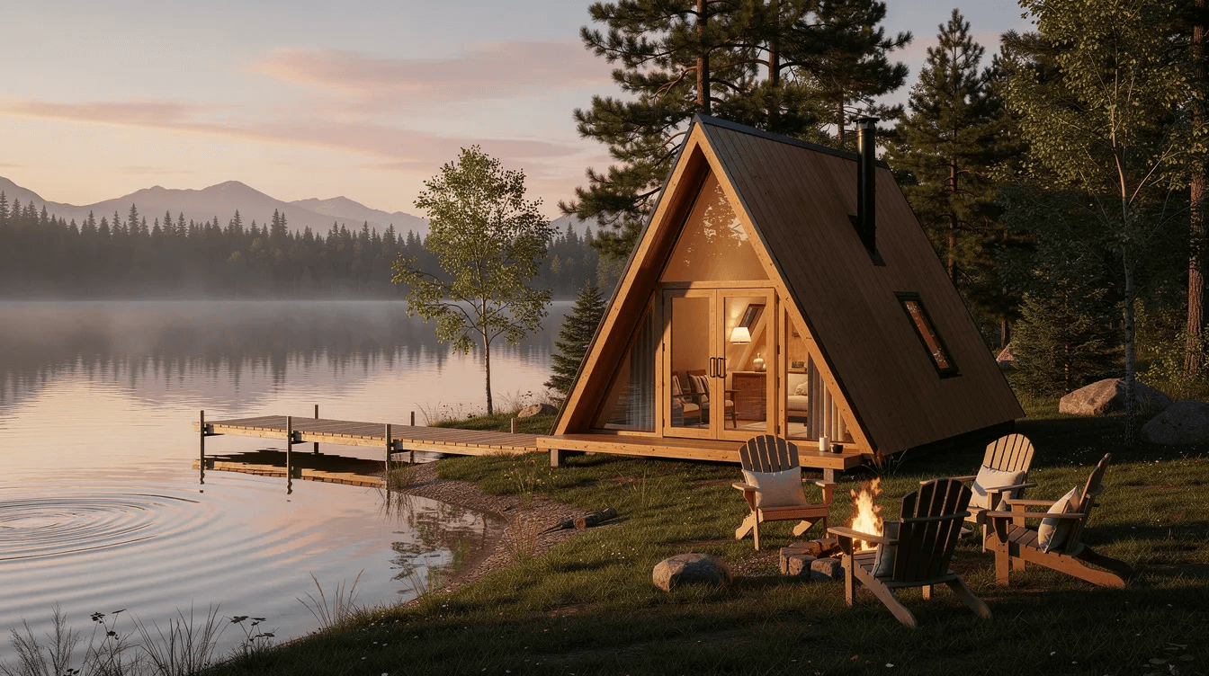 A small A frame tiny house cabin sits beside a calm lake surrounded by nature as the sun sets in the background casting warm hues across the sky This cozy structure features large windows that allow natural light to fill the living area making it an ideal vacation home or dream retreat