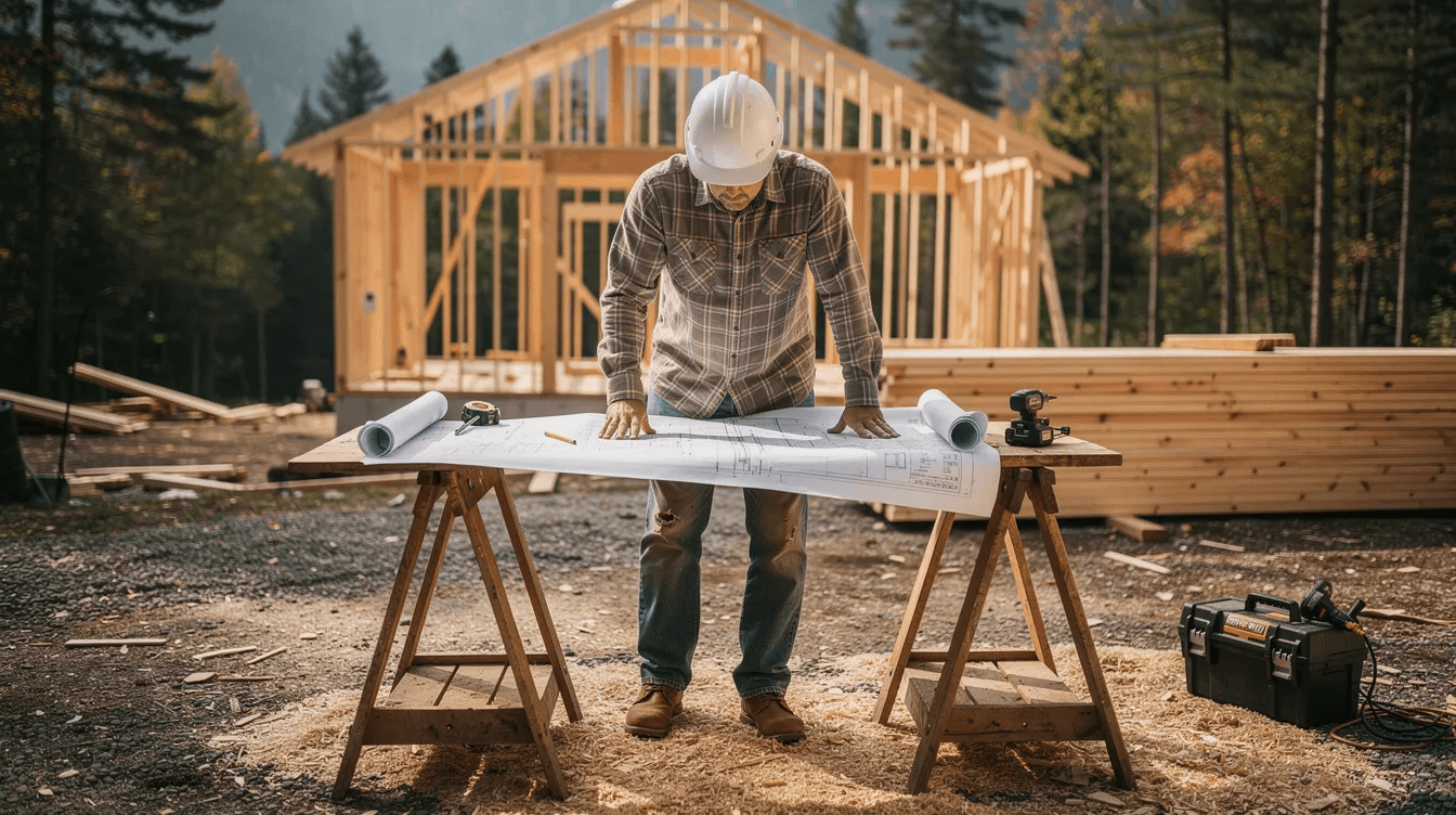 A person is intently reviewing construction blueprints laid out on sawhorses at a cabin building site envisioning their dream log cabin The scene captures the rustic appeal of the log home highlighting the planning and customization involved in creating the perfect space for living and adventure