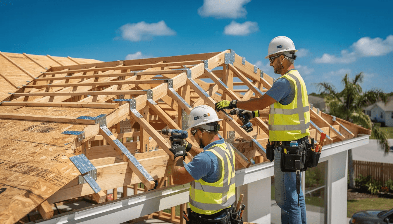 A team of construction workers is seen installing hurricane straps on the roof of a small house in Florida ensuring it meets the state's building code for safety. This scene reflects the craftsmanship involved in the construction process of custom tiny homes, emphasizing the importance of durability in the tiny house movement.