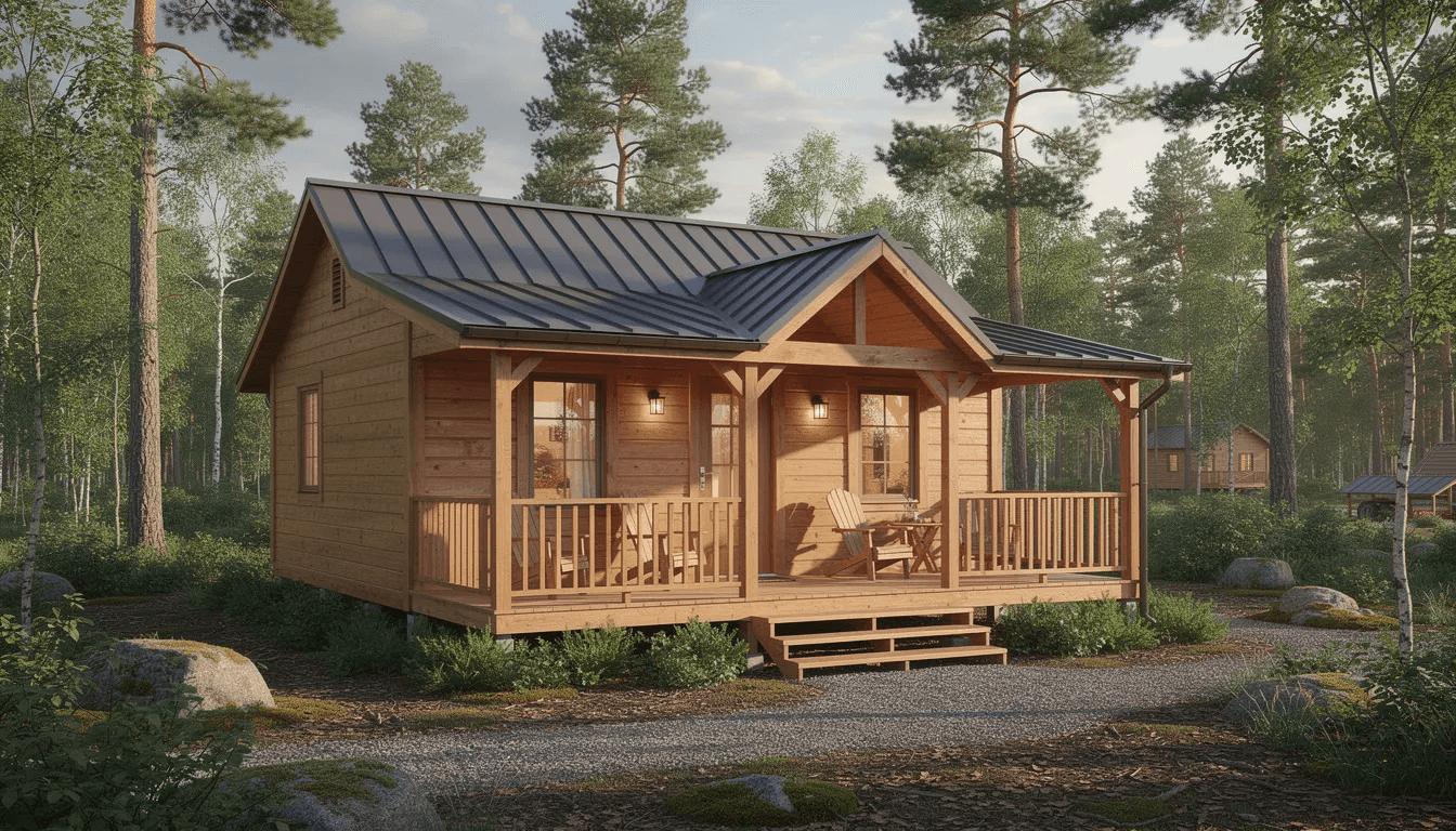 335e6836bbd840d28f10281227ed5c38 The image depicts a rustic park model cabin with a charming wooden front porch and a durable metal roof nestled in a serene forested setting This cozy retreat exemplifies the appeal of park model homes perfect for those seeking a vacation home or full time residence in nature